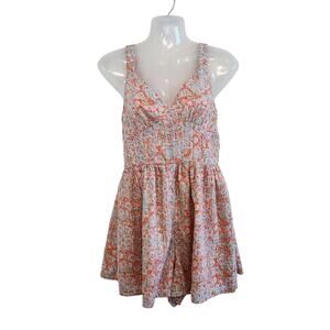 American Eagle Sleeveless V-Neck Smocked Back Romper Orange Size Medium